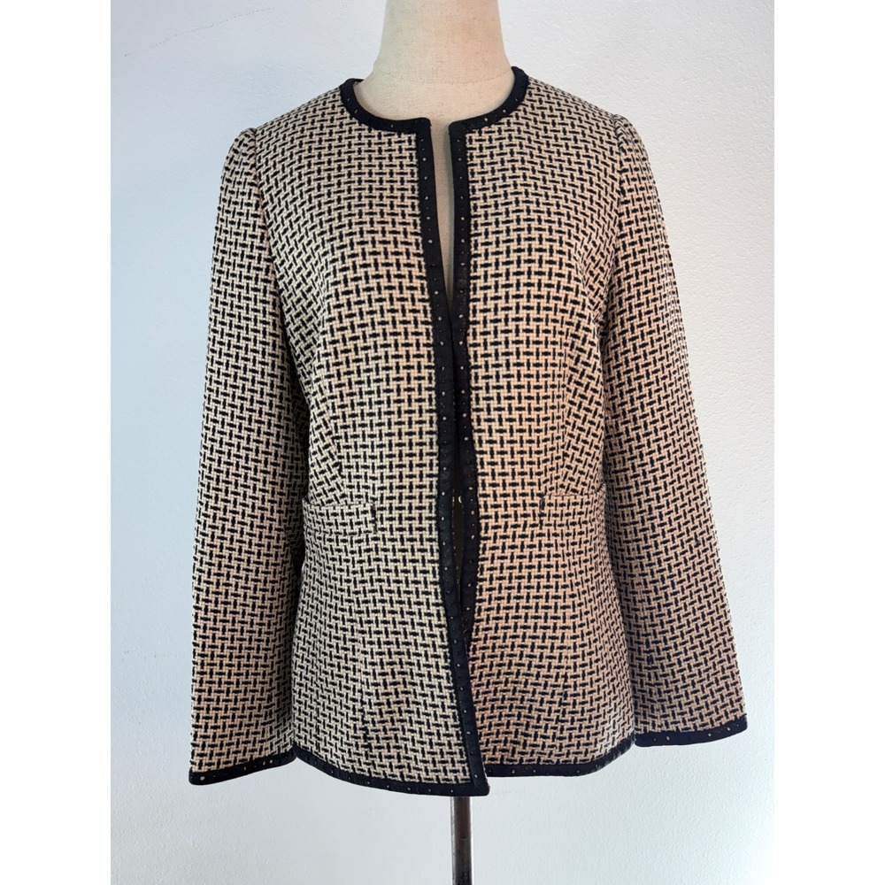 Escada Woven Tweed Blazer Pockets Neutral Preppy Wool Silk Blend Eyelet Trim